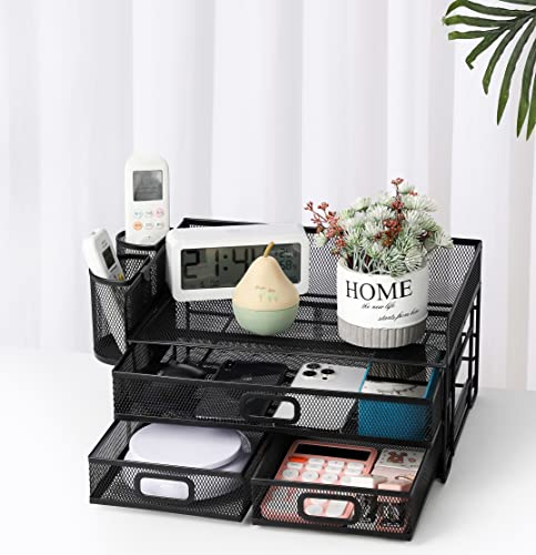 3-Trays Desktop Organizer mit Schublade, Mesh Büro Schreibtisch liefert Organizer Dokumenten Buchstaben Tray Halter für Büro Home (2 Stifthalter)