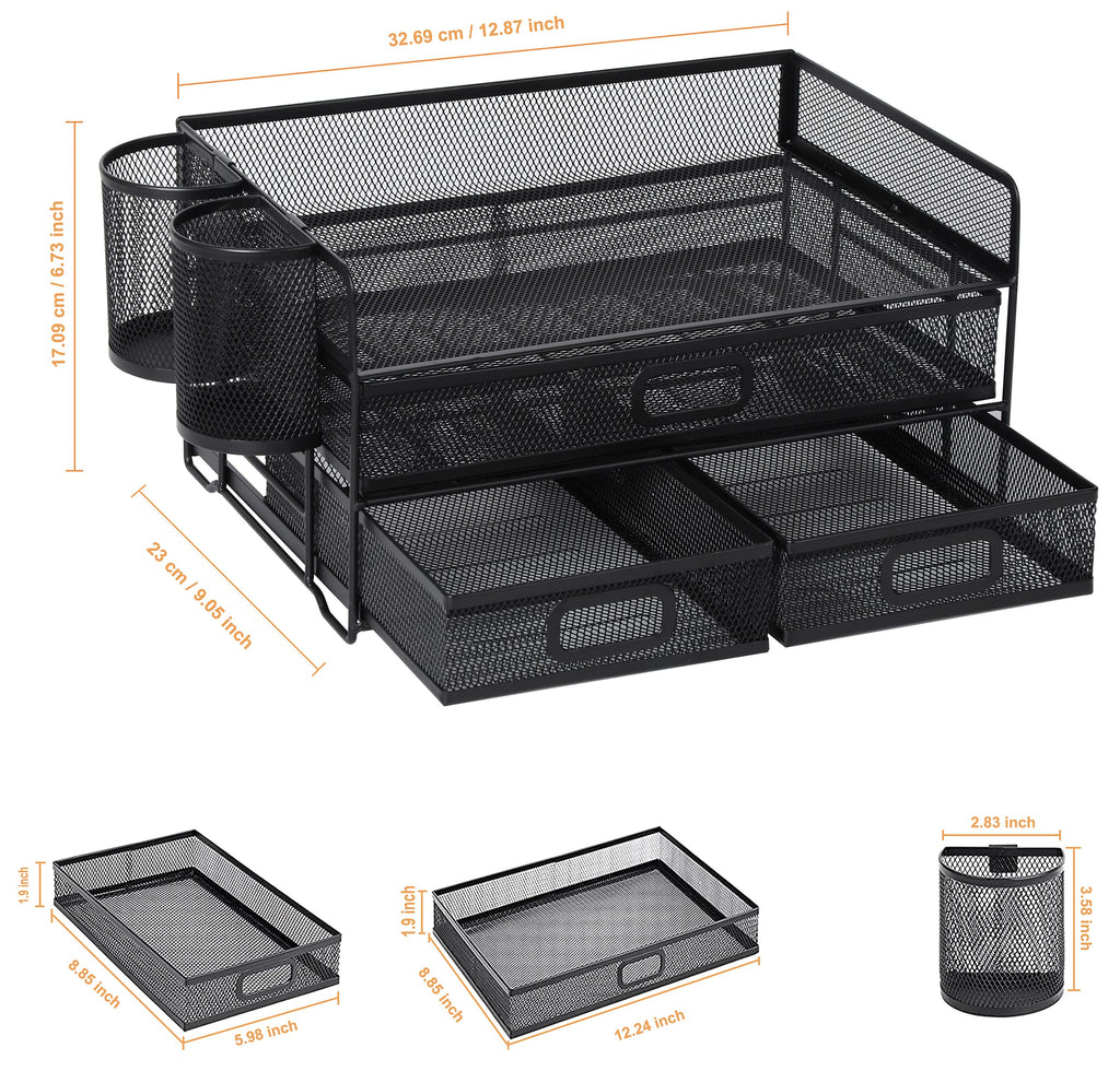 3-Trays Desktop Organizer mit Schublade, Mesh Büro Schreibtisch liefert Organizer Dokumenten Buchstaben Tray Halter für Büro Home (2 Stifthalter)