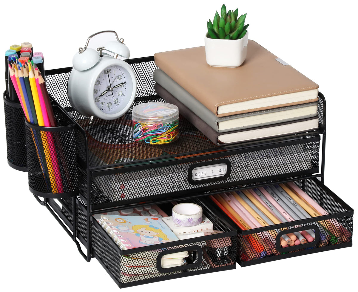 3-Trays Desktop Organizer mit Schublade, Mesh Büro Schreibtisch liefert Organizer Dokumenten Buchstaben Tray Halter für Büro Home (2 Stifthalter)