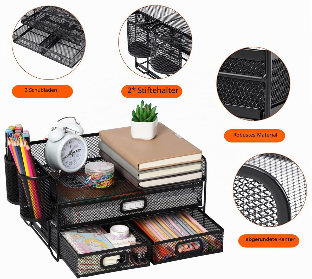3-Trays Desktop Organizer mit Schublade, Mesh Büro Schreibtisch liefert Organizer Dokumenten Buchstaben Tray Halter für Büro Home (2 Stifthalter)