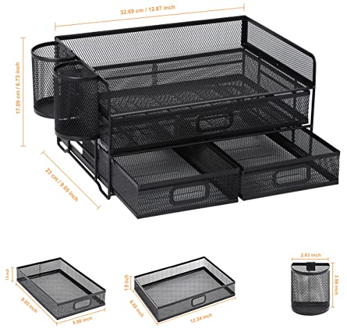 3-Trays Desktop Organizer mit Schublade, Mesh Büro Schreibtisch liefert Organizer Dokumenten Buchstaben Tray Halter für Büro Home (2 Stifthalter)