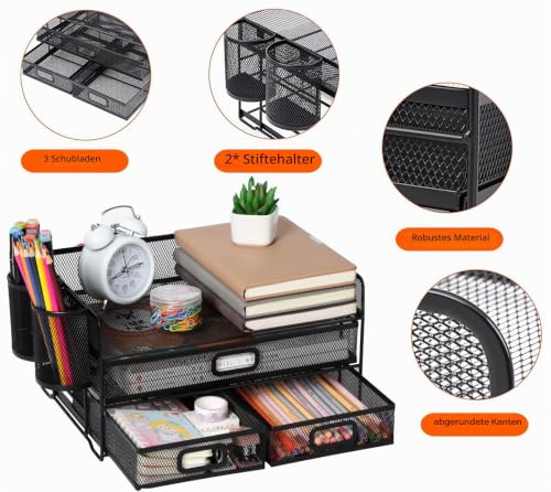 3-Trays Desktop Organizer mit Schublade, Mesh Büro Schreibtisch liefert Organizer Dokumenten Buchstaben Tray Halter für Büro Home (2 Stifthalter)