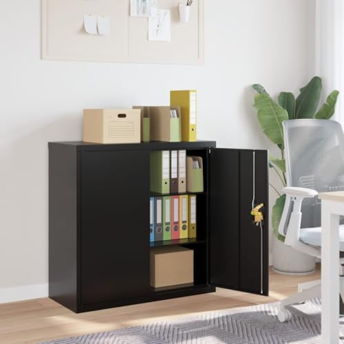 Aktenschrank Schwarz aus pulverbeschichtetem Stahl 90x40x90 cm mit 2 Einlegeböden abschließbar für Büro Arbeitszimmer Homeoffice zur sicheren Archivierung von Dokumenten und Ordnern