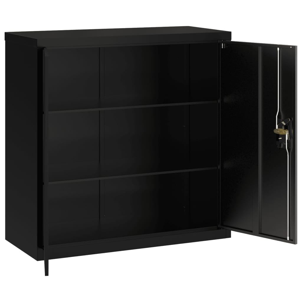 Aktenschrank Schwarz aus pulverbeschichtetem Stahl 90x40x90 cm mit 2 Einlegeböden abschließbar für Büro Arbeitszimmer Homeoffice zur sicheren Archivierung von Dokumenten und Ordnern