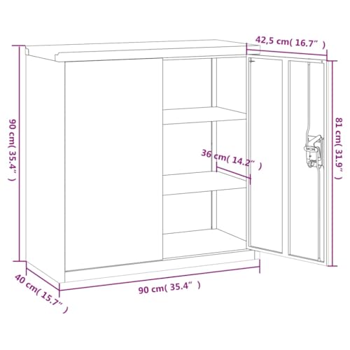 Aktenschrank Schwarz aus pulverbeschichtetem Stahl 90x40x90 cm mit 2 Einlegeböden abschließbar für Büro Arbeitszimmer Homeoffice zur sicheren Archivierung von Dokumenten und Ordnern
