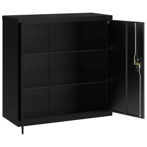 Aktenschrank Schwarz aus pulverbeschichtetem Stahl 90x40x90 cm mit 2 Einlegeböden abschließbar für Büro Arbeitszimmer Homeoffice zur sicheren Archivierung von Dokumenten und Ordnern