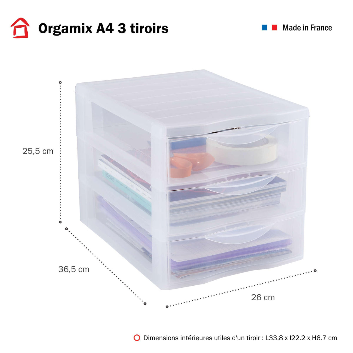SUNDIS Orgamix, schubladenbox aus Kunststoff, 3 transparente Schubladen für A4-Papier, Höhe 25,5 cm, stapelbar, ideal für Schreibtisch, Unterricht, Dokumente, Zubehör