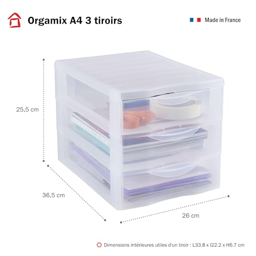SUNDIS Orgamix, schubladenbox aus Kunststoff, 3 transparente Schubladen für A4-Papier, Höhe 25,5 cm, stapelbar, ideal für Schreibtisch, Unterricht, Dokumente, Zubehör
