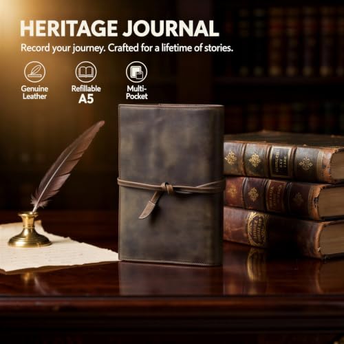 Notizbuchhülle aus Echtleder, A5 Leder Journal Cover für Damen und Herren, Retro Nachfüllhülle mit mehreren Taschen und Organizer, für Business, Büro und Reise, Kaffeebraun