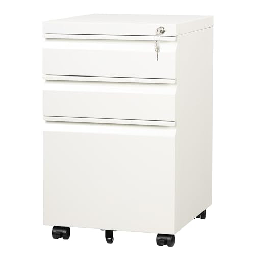 DEVAISE Rollcontainer mit 3 Schubladen, Metall, Mobil, Druckertisch, Weiß