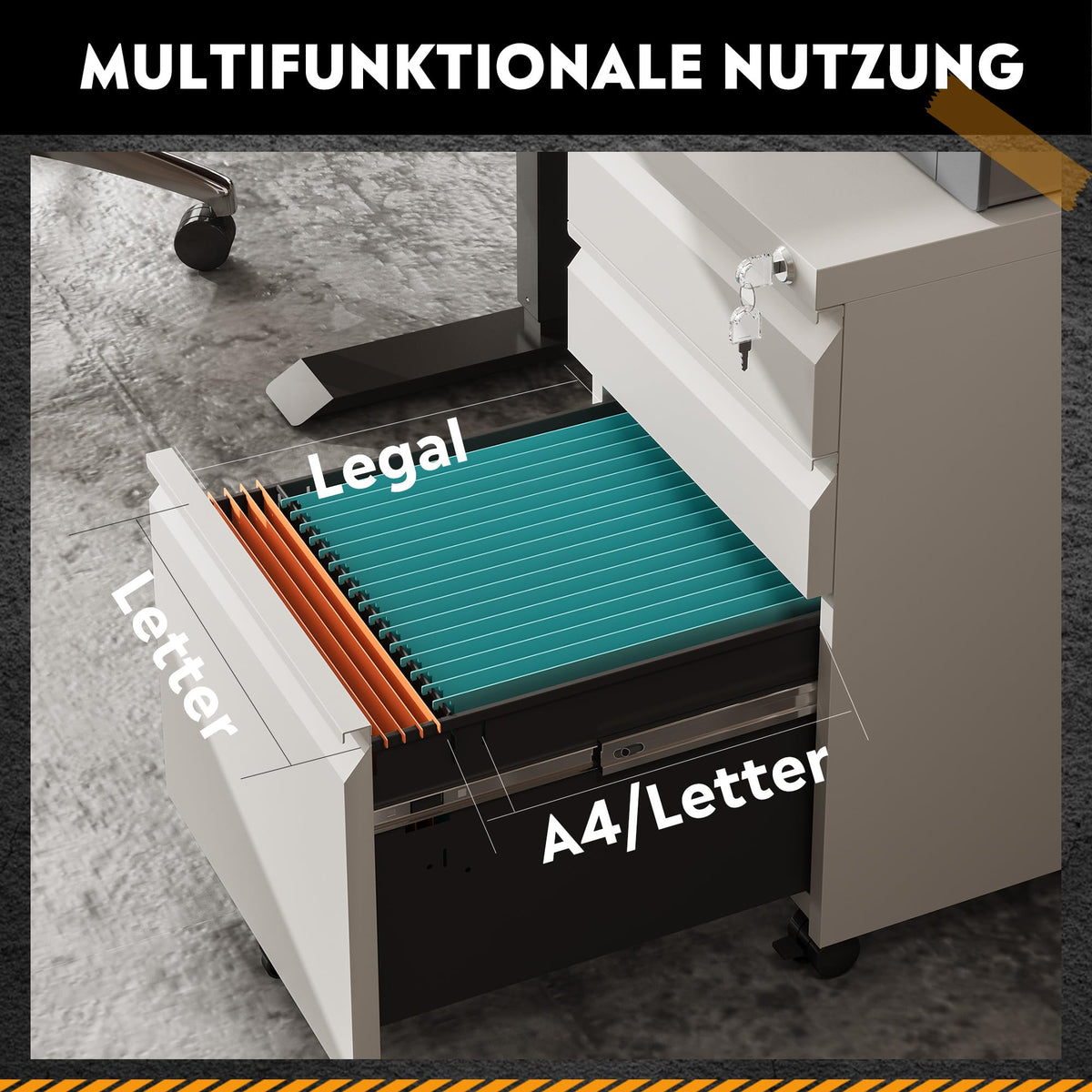 DEVAISE Rollcontainer mit 3 Schubladen, Metall, Mobil, Druckertisch, Weiß