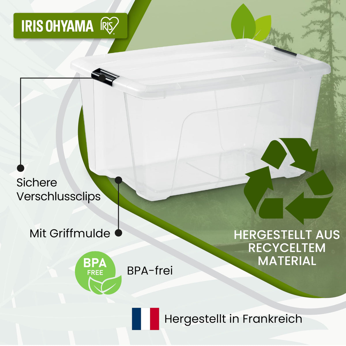 Iris Ohyama Aufbewahrungsboxen mit Deckel, 45L, 4er-Set, Transparent, Sicherer Verschluss, Stapelbar, Griffe, Schlafzimmer, Schrank, Büro, Organisation, BPA-freies Plastik, Ordnungsboxen, BSB-50