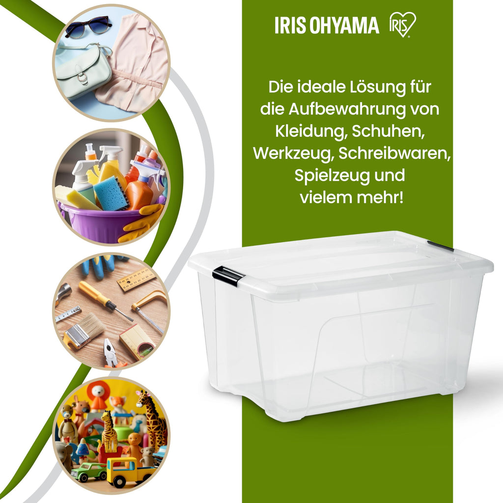 Iris Ohyama Aufbewahrungsboxen mit Deckel, 45L, 4er-Set, Transparent, Sicherer Verschluss, Stapelbar, Griffe, Schlafzimmer, Schrank, Büro, Organisation, BPA-freies Plastik, Ordnungsboxen, BSB-50