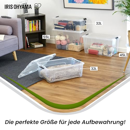Iris Ohyama Aufbewahrungsboxen mit Deckel, 45L, 4er-Set, Transparent, Sicherer Verschluss, Stapelbar, Griffe, Schlafzimmer, Schrank, Büro, Organisation, BPA-freies Plastik, Ordnungsboxen, BSB-50