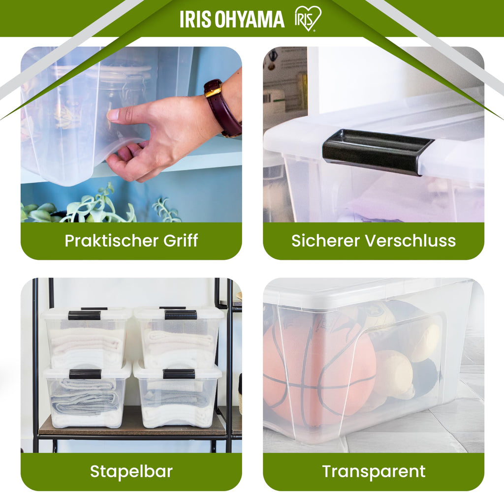 Iris Ohyama Aufbewahrungsboxen mit Deckel, 45L, 4er-Set, Transparent, Sicherer Verschluss, Stapelbar, Griffe, Schlafzimmer, Schrank, Büro, Organisation, BPA-freies Plastik, Ordnungsboxen, BSB-50