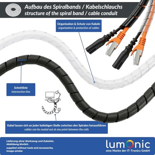 Lumonic Spiralkabelschlauch schwarz 10m I 24mm Spiralband für Kabel mit 20-130mm Durchmesser I Flexibler Kabelschlauch-Schutz für Private & industrielle Zwecke