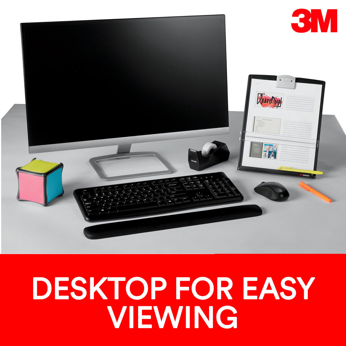 3M, Desktop-Dokumentenhalter Kopierhalter, DH340MB, Verstellbarer Clip, Dokumente im Hoch- und Querformat einfach Betrachten, Untere Leiste hält bis zu 150 Blätter sicher an Ort und Stelle, Schwarz