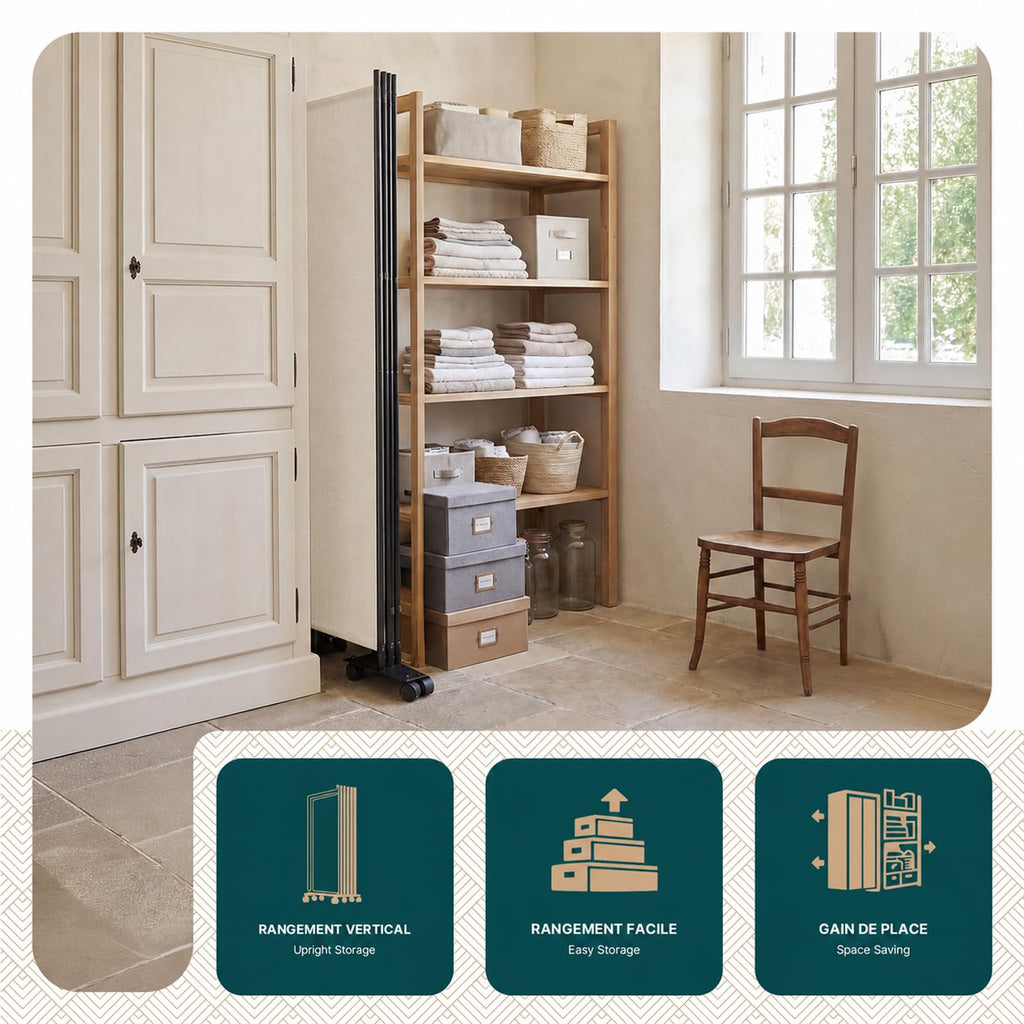 VOUNOT® Paravent Raumteiler 3 Teilig auf Rollen Freistehend Stoff Trennwand Klappbar Sichtschutz Stellwand für Balkon Wohnzimmer Schlafzimmer und Büro 262 x 30 x 180 cm Beige