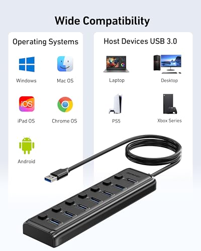 BENFEI 7-Port USB 3.0 Hub, Ultraflacher tragbarer USB-Splitter mit 1m Kabel – für MacBook Pro/Air, Mac Pro, Mac mini, iMac, Surface Pro, XPS, PC, USB-Stick, mobiler Festplatte (ohne Ladefunktion)