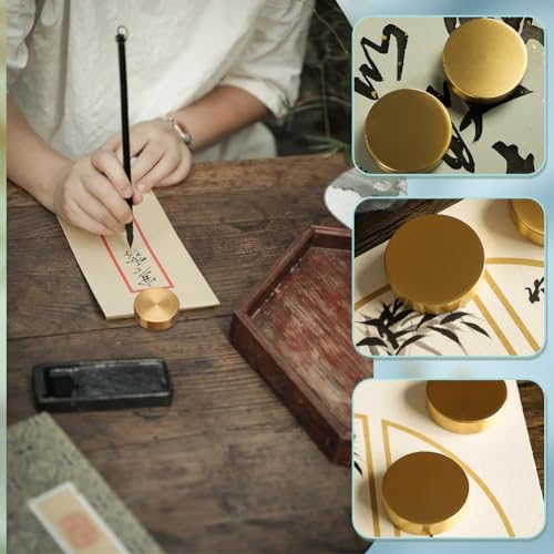 PH PandaHall Runder Block Briefbeschwerer Chinesischer Kalligraphie Briefbeschwerer Messing Goldener Papierbeschwerer Hält Papier Flach Für Den Schreibtisch Zuhause Büro Frühlingsfest 5x1.5cm
