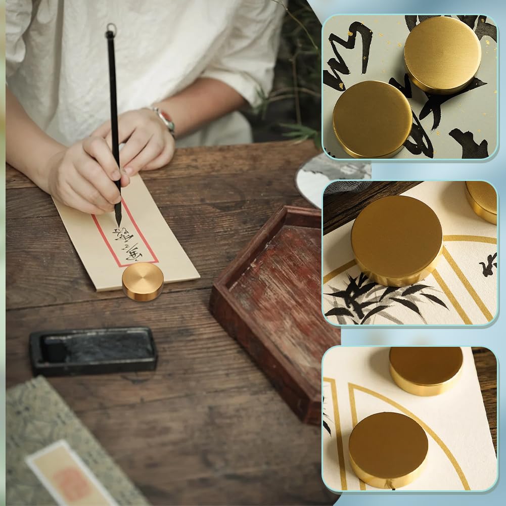 PH PandaHall Runder Block Briefbeschwerer Chinesischer Kalligraphie Briefbeschwerer Messing Goldener Papierbeschwerer Hält Papier Flach Für Den Schreibtisch Zuhause Büro Frühlingsfest 5x1.5cm