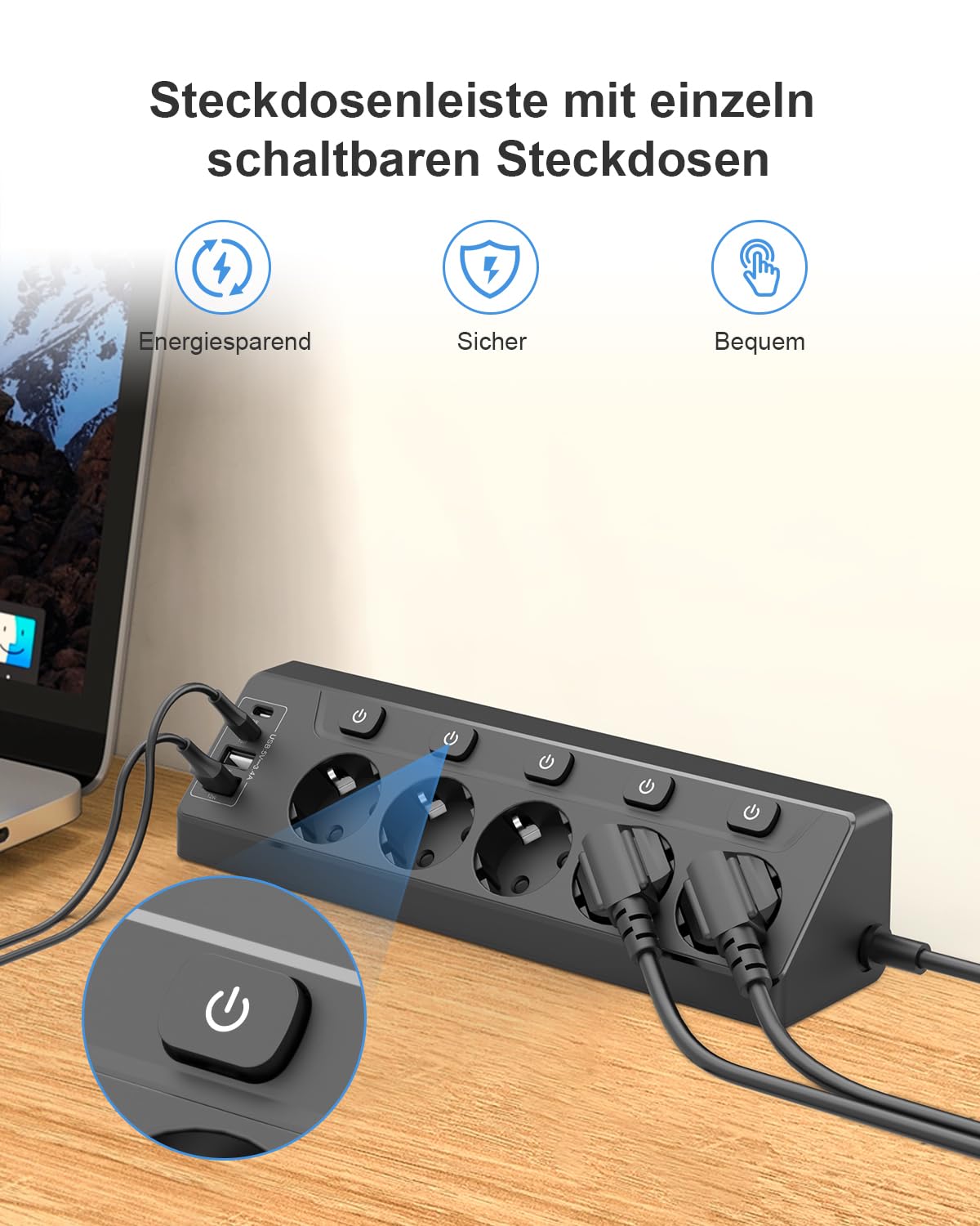 Ecksteckdose mit Unabhängigem Schalter, Steckdosenleiste Mit 4 USB (2 USB C)+5 Fach Steckdose Mit Kindersicherung, 3680W, 2M Verlängerungskabel für Küche, Büro, Haushalt (schwarz‌)