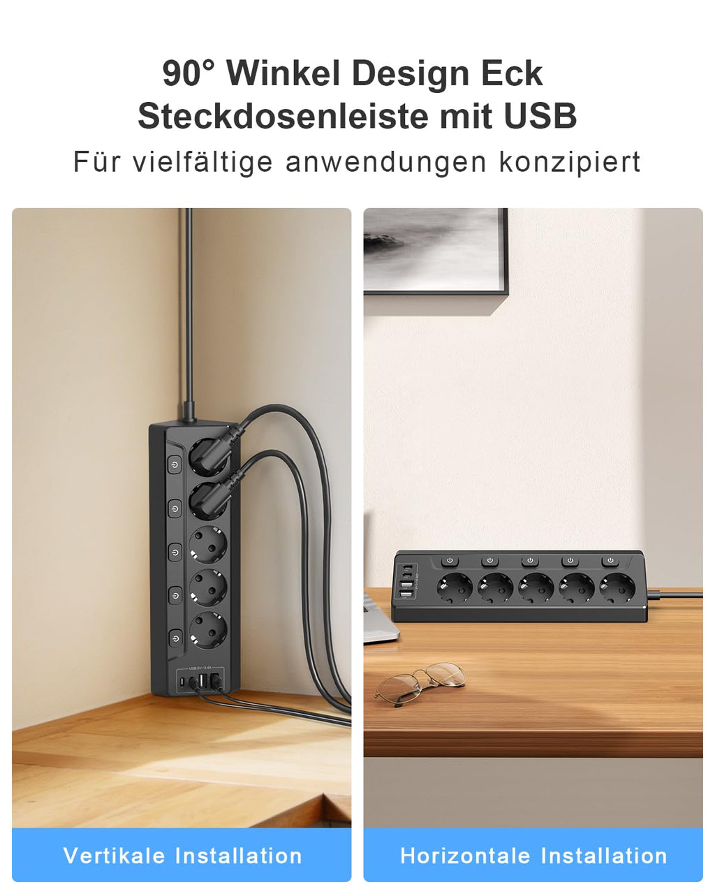 Ecksteckdose mit Unabhängigem Schalter, Steckdosenleiste Mit 4 USB (2 USB C)+5 Fach Steckdose Mit Kindersicherung, 3680W, 2M Verlängerungskabel für Küche, Büro, Haushalt (schwarz‌)