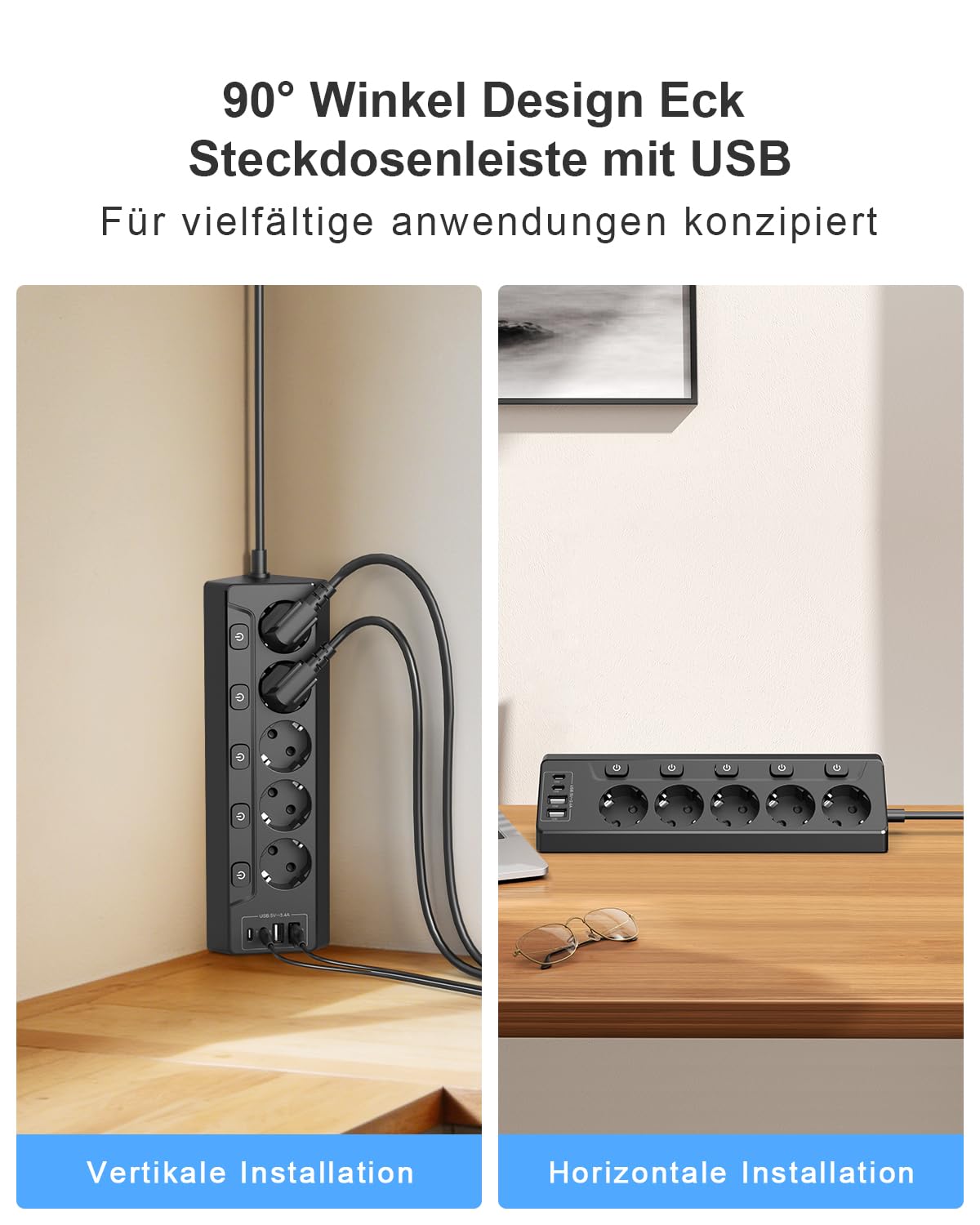 Ecksteckdose mit Unabhängigem Schalter, Steckdosenleiste Mit 4 USB (2 USB C)+5 Fach Steckdose Mit Kindersicherung, 3680W, 2M Verlängerungskabel für Küche, Büro, Haushalt (schwarz‌)