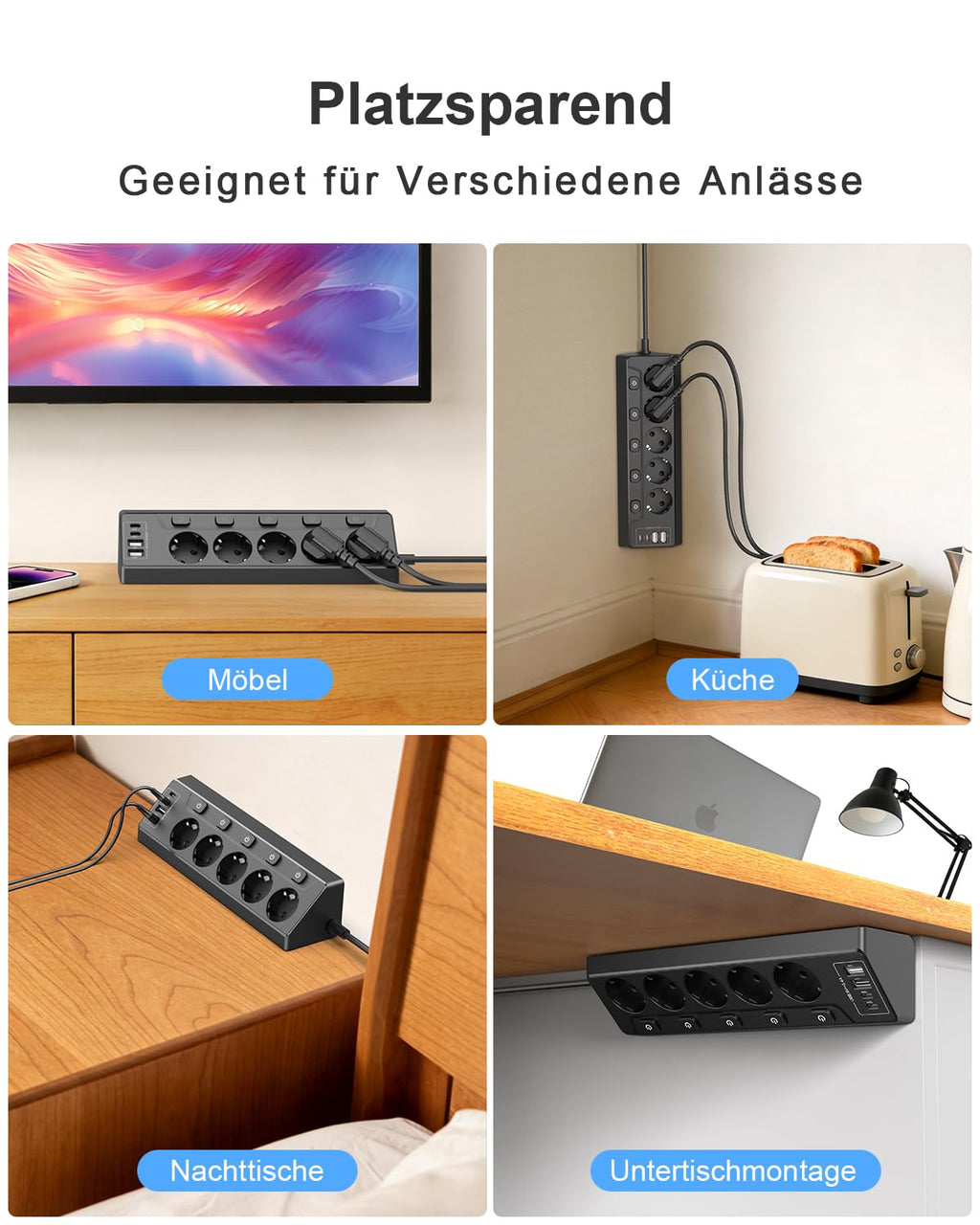 Ecksteckdose mit Unabhängigem Schalter, Steckdosenleiste Mit 4 USB (2 USB C)+5 Fach Steckdose Mit Kindersicherung, 3680W, 2M Verlängerungskabel für Küche, Büro, Haushalt (schwarz‌)
