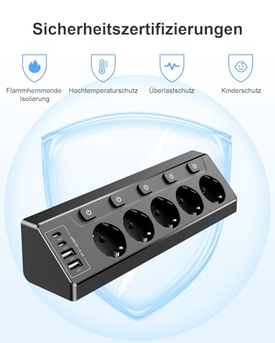 Ecksteckdose mit Unabhängigem Schalter, Steckdosenleiste Mit 4 USB (2 USB C)+5 Fach Steckdose Mit Kindersicherung, 3680W, 2M Verlängerungskabel für Küche, Büro, Haushalt (schwarz‌)