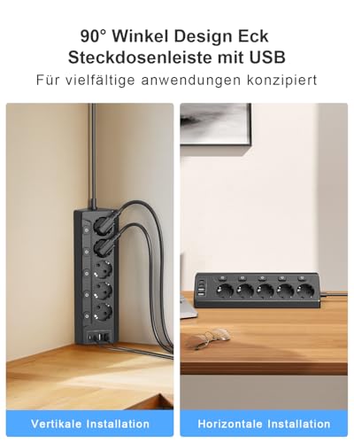 Ecksteckdose mit Unabhängigem Schalter, Steckdosenleiste Mit 4 USB (2 USB C)+5 Fach Steckdose Mit Kindersicherung, 3680W, 2M Verlängerungskabel für Küche, Büro, Haushalt (schwarz‌)