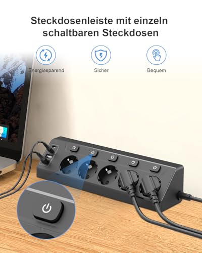 Ecksteckdose mit Unabhängigem Schalter, Steckdosenleiste Mit 4 USB (2 USB C)+5 Fach Steckdose Mit Kindersicherung, 3680W, 2M Verlängerungskabel für Küche, Büro, Haushalt (schwarz‌)