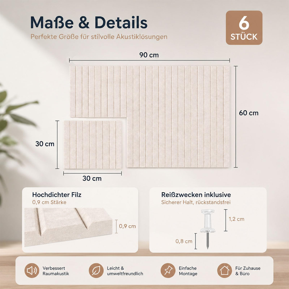 Filz Pinnwand 90 x 60 cm, 6er Set Beige