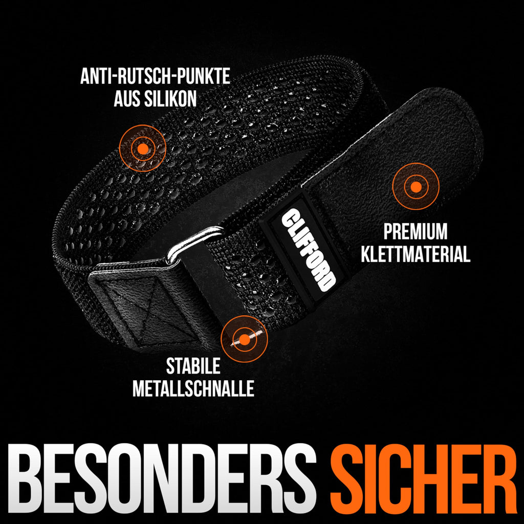 CLIFFORD Elastisches Klettband mit Silikon-Grip & Premium-Klett - Rutschfeste Hosenklammer für Fahrrad, bequem verstellbar, hautfreundlich - vielseitiges Klettverschluss Band für Haushalt & Kabel
