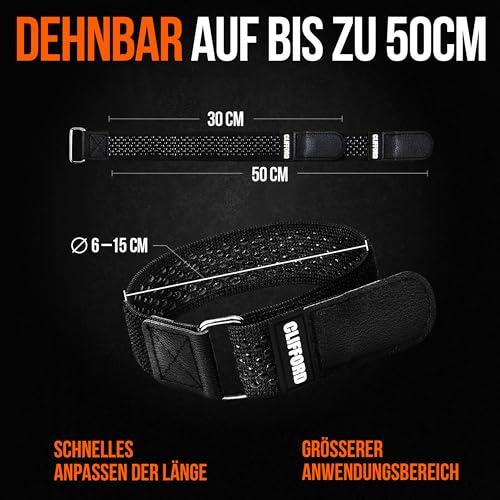 CLIFFORD Elastisches Klettband mit Silikon-Grip & Premium-Klett - Rutschfeste Hosenklammer für Fahrrad, bequem verstellbar, hautfreundlich - vielseitiges Klettverschluss Band für Haushalt & Kabel