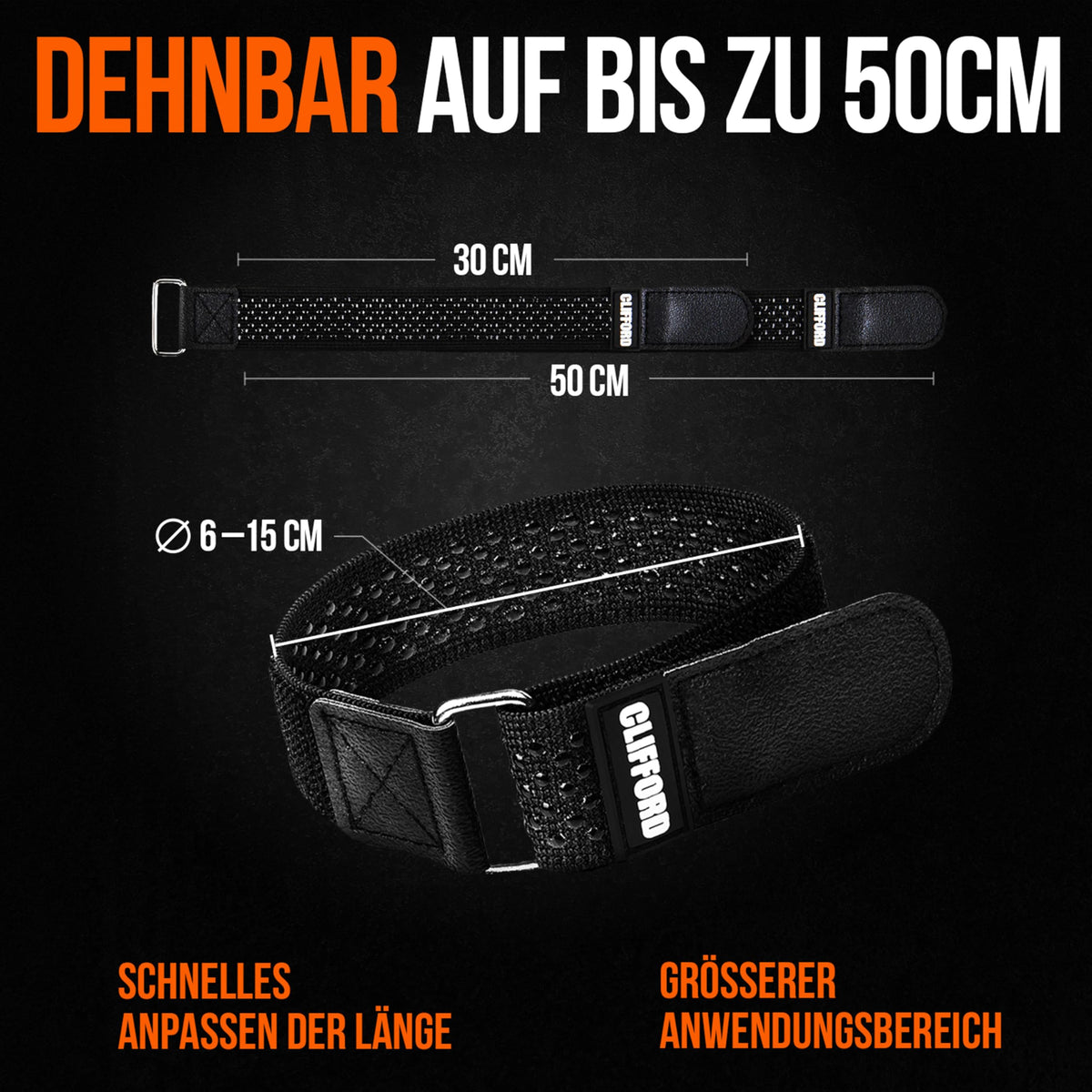 CLIFFORD Elastisches Klettband mit Silikon-Grip & Premium-Klett - Rutschfeste Hosenklammer für Fahrrad, bequem verstellbar, hautfreundlich - vielseitiges Klettverschluss Band für Haushalt & Kabel