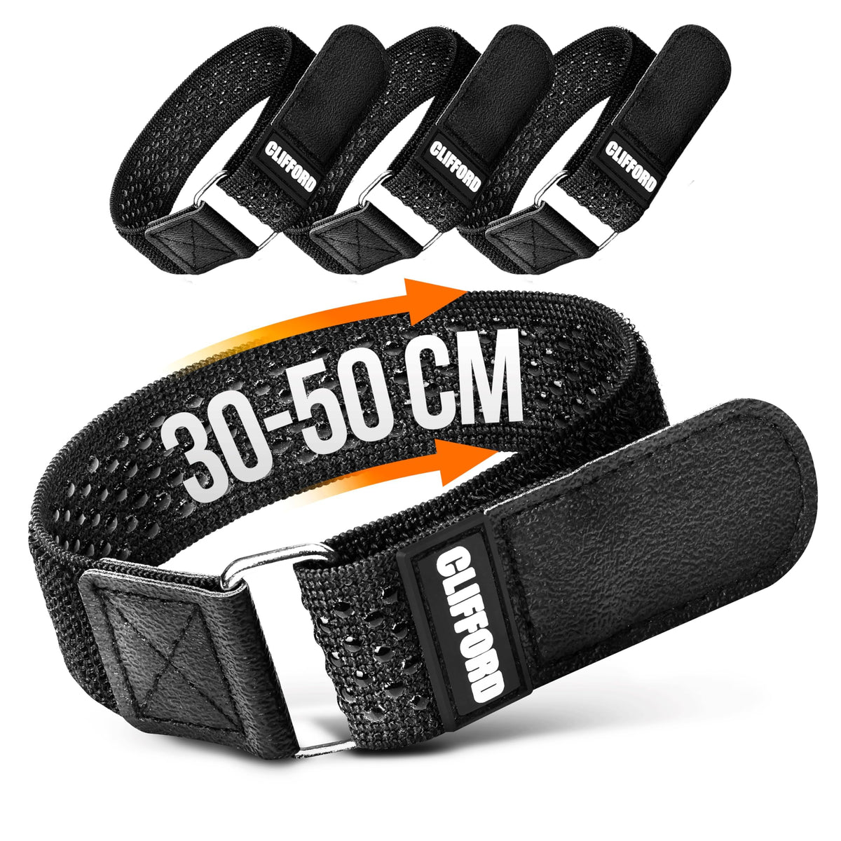 CLIFFORD Elastisches Klettband mit Silikon-Grip & Premium-Klett - Rutschfeste Hosenklammer für Fahrrad, bequem verstellbar, hautfreundlich - vielseitiges Klettverschluss Band für Haushalt & Kabel