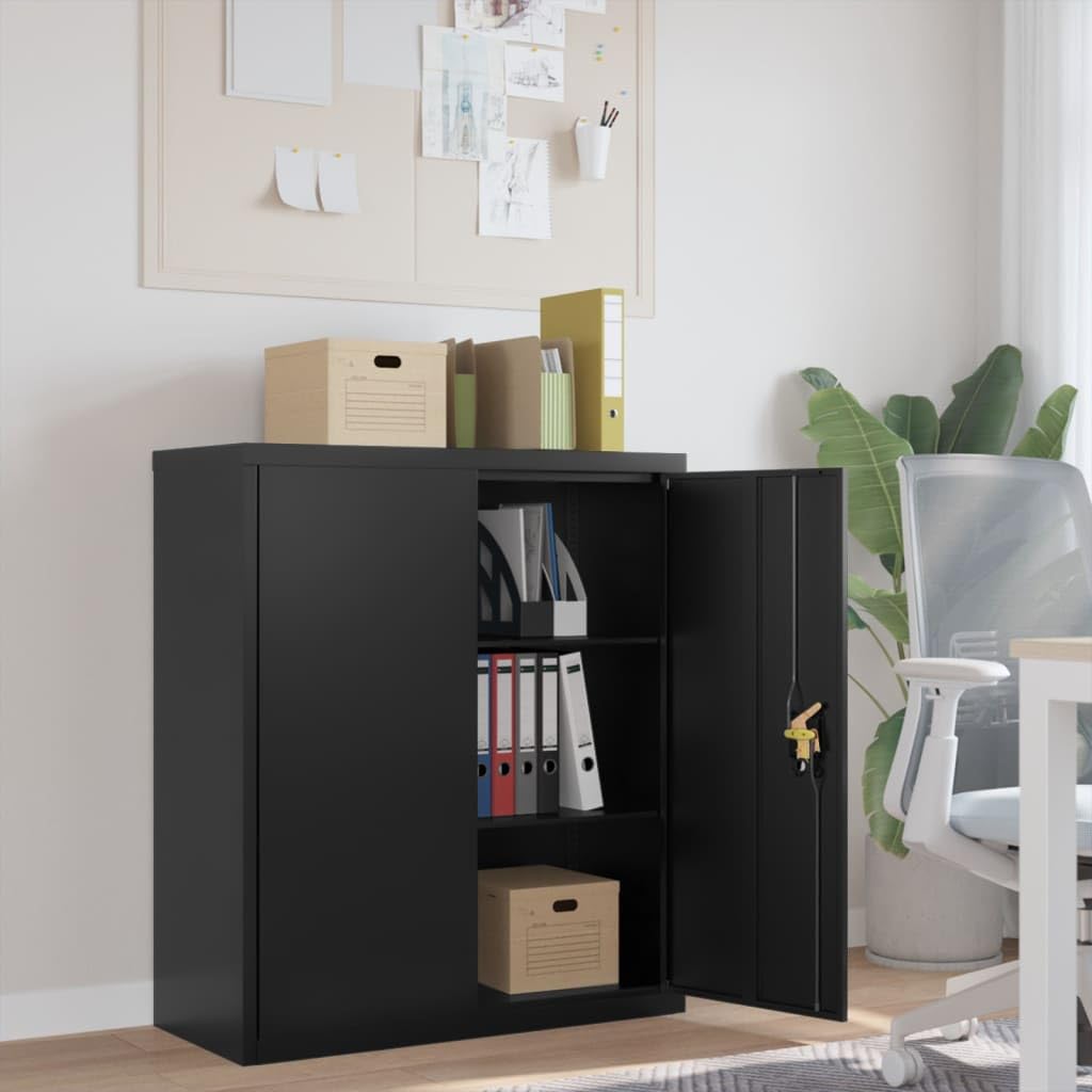 Aktenschrank Schwarz aus pulverbeschichtetem Stahl 90x40x105 cm mit 2 Einlegeböden abschließbar für Büro Arbeitszimmer Homeoffice zur sicheren Archivierung von Dokumenten und Ordnern