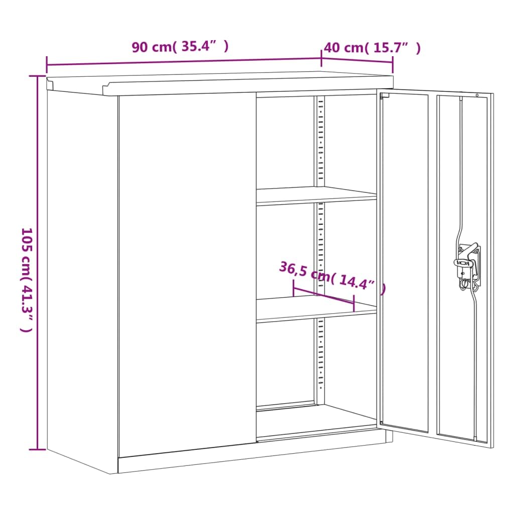 Aktenschrank Schwarz aus pulverbeschichtetem Stahl 90x40x105 cm mit 2 Einlegeböden abschließbar für Büro Arbeitszimmer Homeoffice zur sicheren Archivierung von Dokumenten und Ordnern