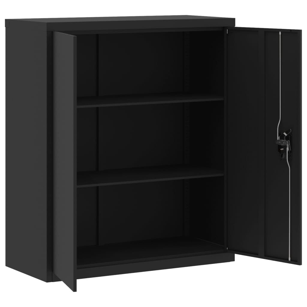 Aktenschrank Schwarz aus pulverbeschichtetem Stahl 90x40x105 cm mit 2 Einlegeböden abschließbar für Büro Arbeitszimmer Homeoffice zur sicheren Archivierung von Dokumenten und Ordnern