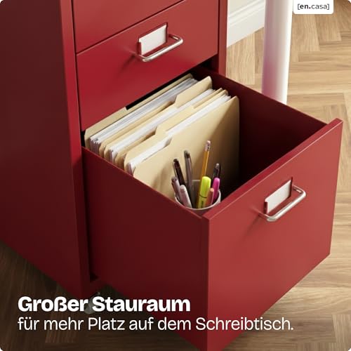 [en.casa] Rollcontainer Kökar Schubladenschrank Metall Aktenschrank mit 3 Schubladen Bürowagen mit Rollen für Arbeitszimmer 48 x 28 x 41 cm Rot