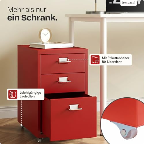 [en.casa] Rollcontainer Kökar Schubladenschrank Metall Aktenschrank mit 3 Schubladen Bürowagen mit Rollen für Arbeitszimmer 48 x 28 x 41 cm Rot