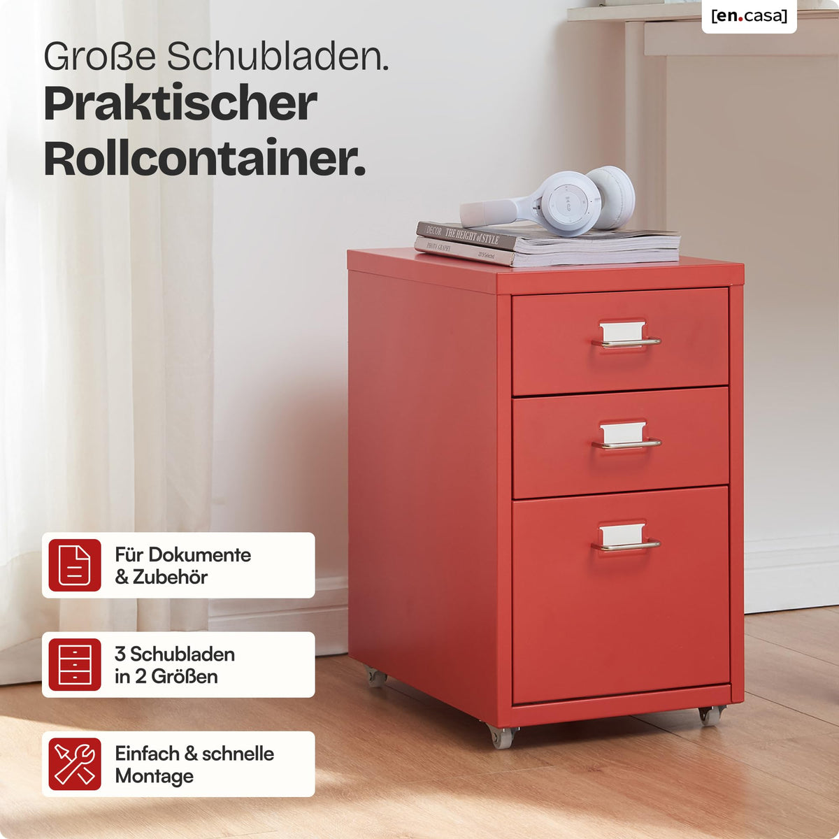 [en.casa] Rollcontainer Kökar Schubladenschrank Metall Aktenschrank mit 3 Schubladen Bürowagen mit Rollen für Arbeitszimmer 48 x 28 x 41 cm Rot