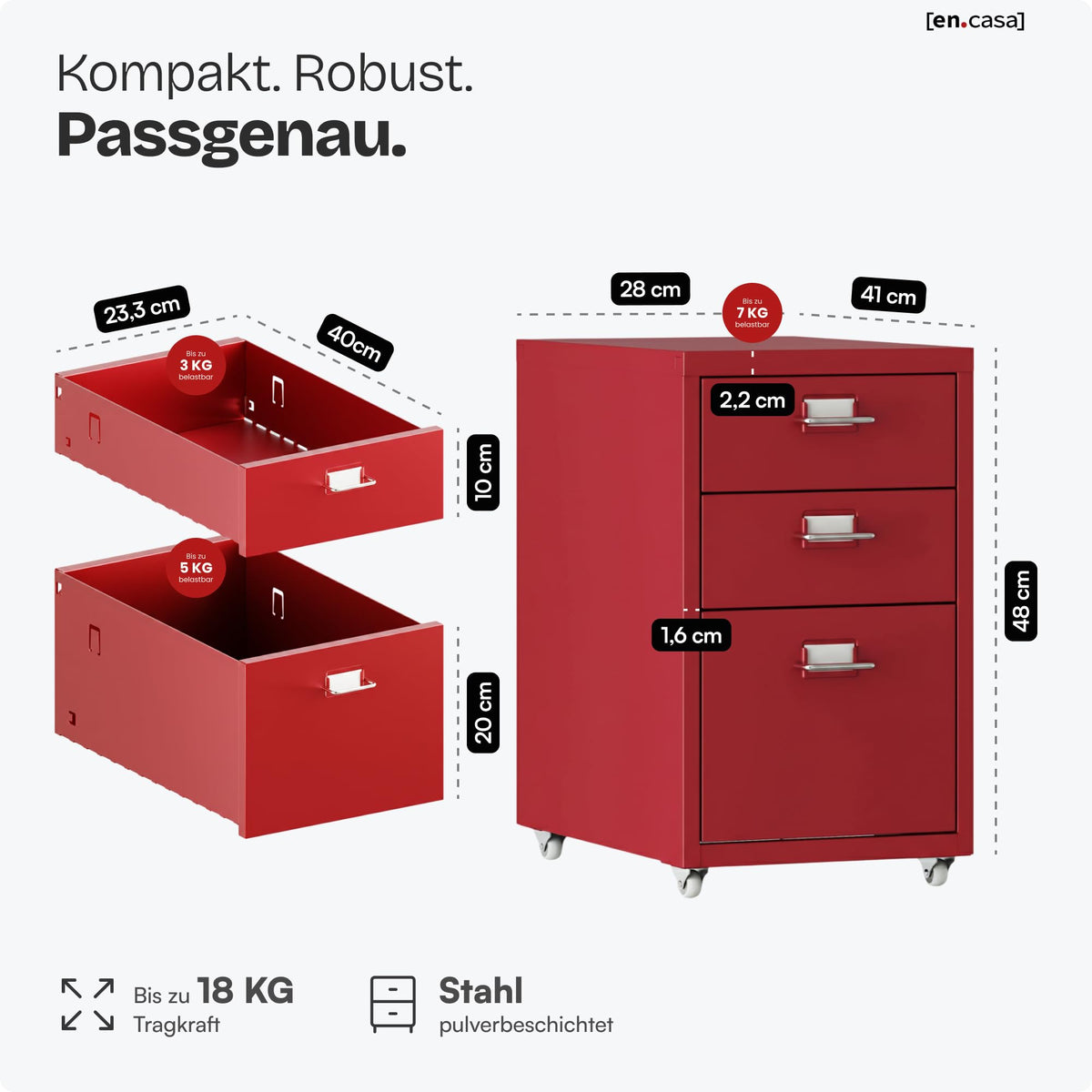 [en.casa] Rollcontainer Kökar Schubladenschrank Metall Aktenschrank mit 3 Schubladen Bürowagen mit Rollen für Arbeitszimmer 48 x 28 x 41 cm Rot