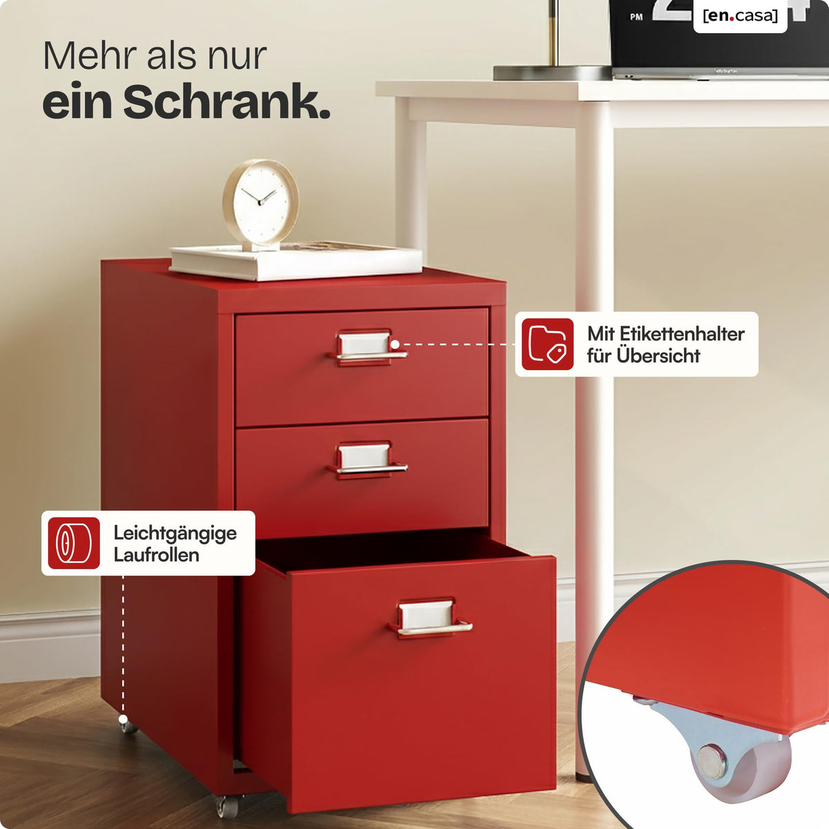 [en.casa] Rollcontainer Kökar Schubladenschrank Metall Aktenschrank mit 3 Schubladen Bürowagen mit Rollen für Arbeitszimmer 48 x 28 x 41 cm Rot