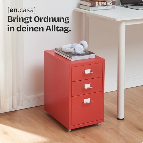 [en.casa] Rollcontainer Kökar Schubladenschrank Metall Aktenschrank mit 3 Schubladen Bürowagen mit Rollen für Arbeitszimmer 48 x 28 x 41 cm Rot