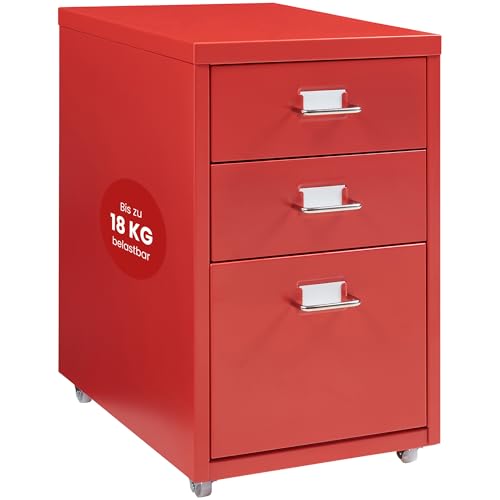 [en.casa] Rollcontainer Kökar Schubladenschrank Metall Aktenschrank mit 3 Schubladen Bürowagen mit Rollen für Arbeitszimmer 48 x 28 x 41 cm Rot