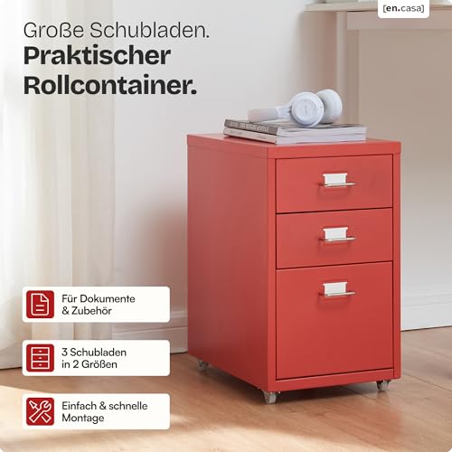 [en.casa] Rollcontainer Kökar Schubladenschrank Metall Aktenschrank mit 3 Schubladen Bürowagen mit Rollen für Arbeitszimmer 48 x 28 x 41 cm Rot