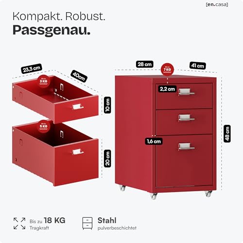 [en.casa] Rollcontainer Kökar Schubladenschrank Metall Aktenschrank mit 3 Schubladen Bürowagen mit Rollen für Arbeitszimmer 48 x 28 x 41 cm Rot