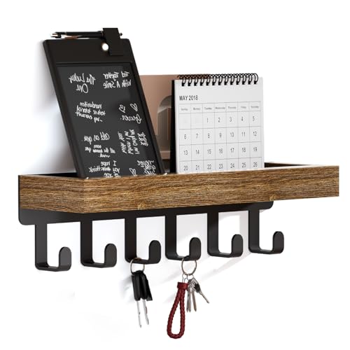 SWTYMIKI Schlüsselbrett mit Holztablett und 6 Haken - Multifunktionales Schlüsselhalter/Schlüsselboard, Schlüsselbrett mit Ablage für Flur, Schlafzimmer & Küche, Hängen Küchenbesteck